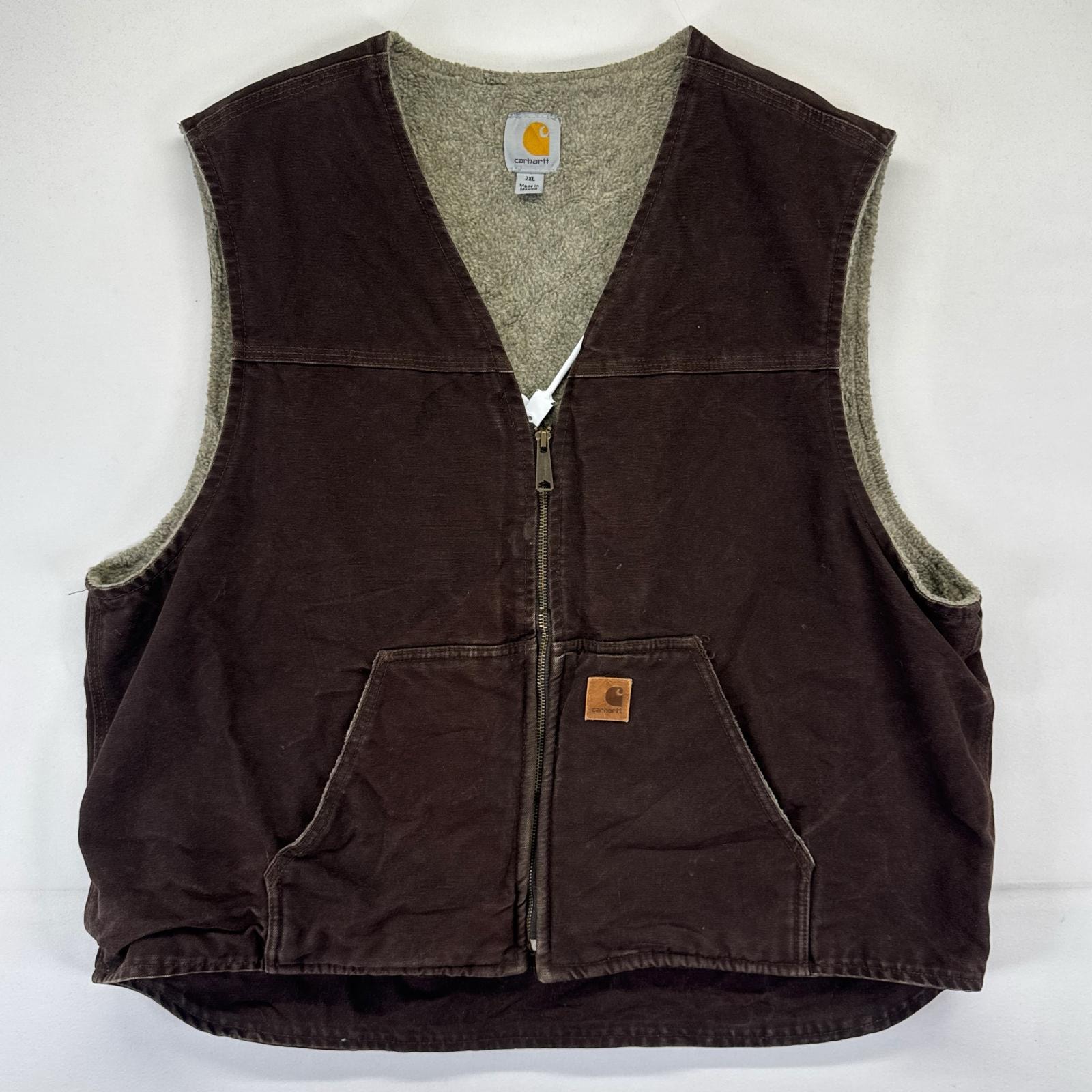 古着 カーハート Carhartt ダック ジャケット ダック フルジップ ワンポイントロゴ ボアライナー ワーク 2XL  ブラウン系 メンズ