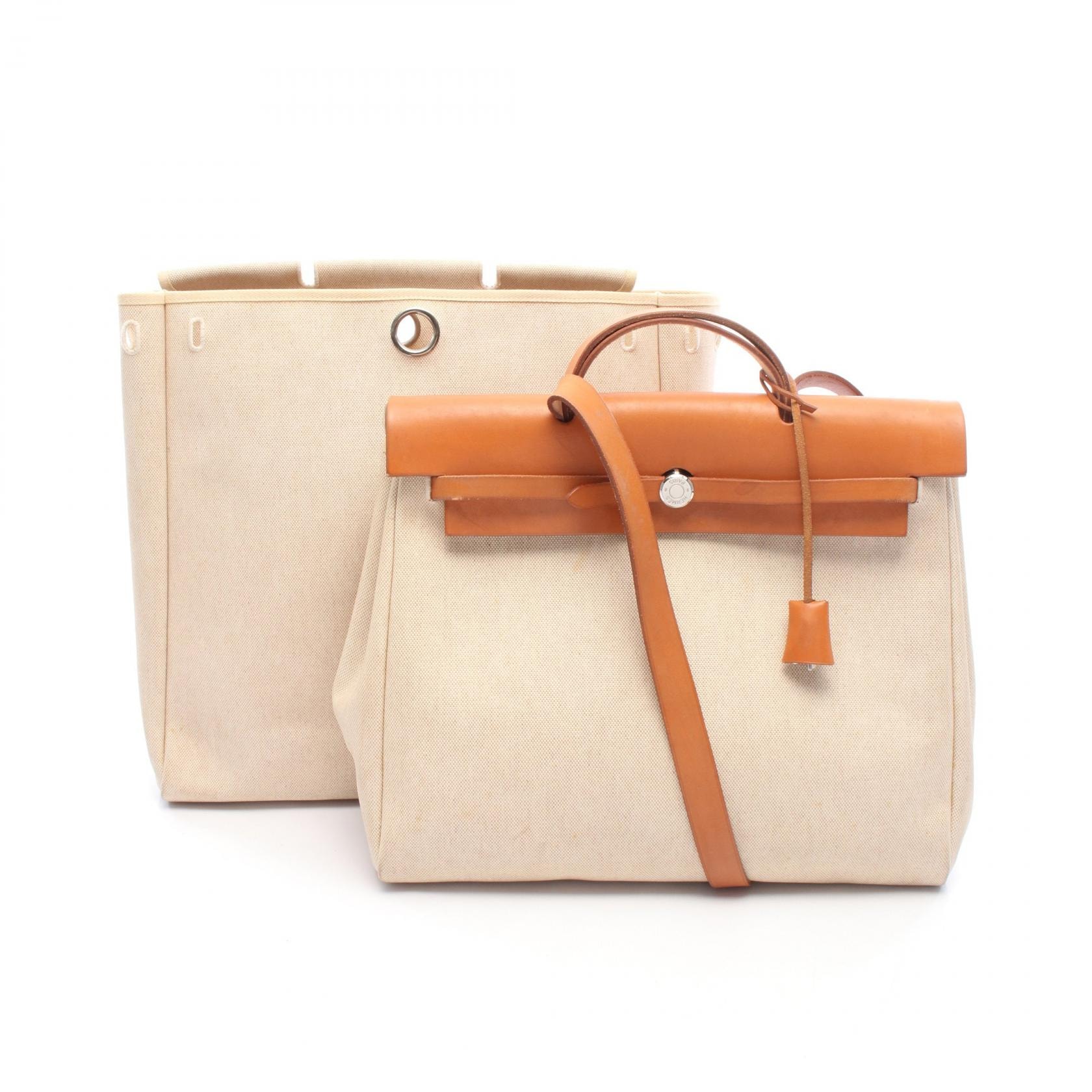 エルメス HERMES エールバッグMM ハンドバッグ バッグ キャンバス レザー トワルアッシュ / ヴァッシュハンター トワルアッシュ エクリュ □B刻印(1998年製造) レディース ベージュ系 / ブラウン系 【中古】