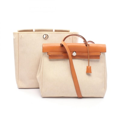 エルメス HERMES エールバッグMM ハンドバッグ バッグ キャンバス レザー トワルアッシュ / ヴァッシュハンター トワルアッシュ エクリュ □B刻印(1998年製造) レディース ベージュ系 / ブラウン系 【中古】