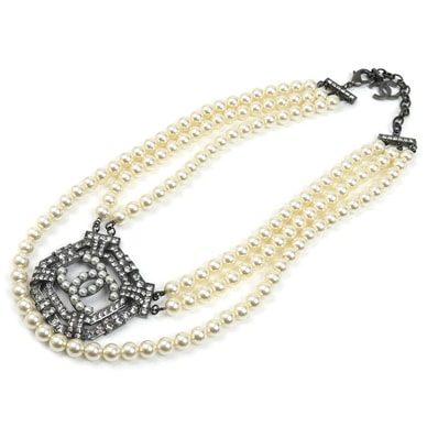 CHANEL シャネル メタル ココマーク 3連レジンパール チョーカー ネックレス 41〜48cm レディース【中古】