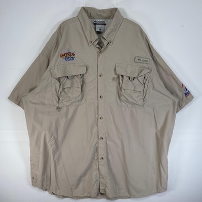 古着 コロンビア Columbia 半袖シャツ PFG フィッシングギア 大きいサイズ ワンポイント ロゴ XL ベージュ 無地 メンズ