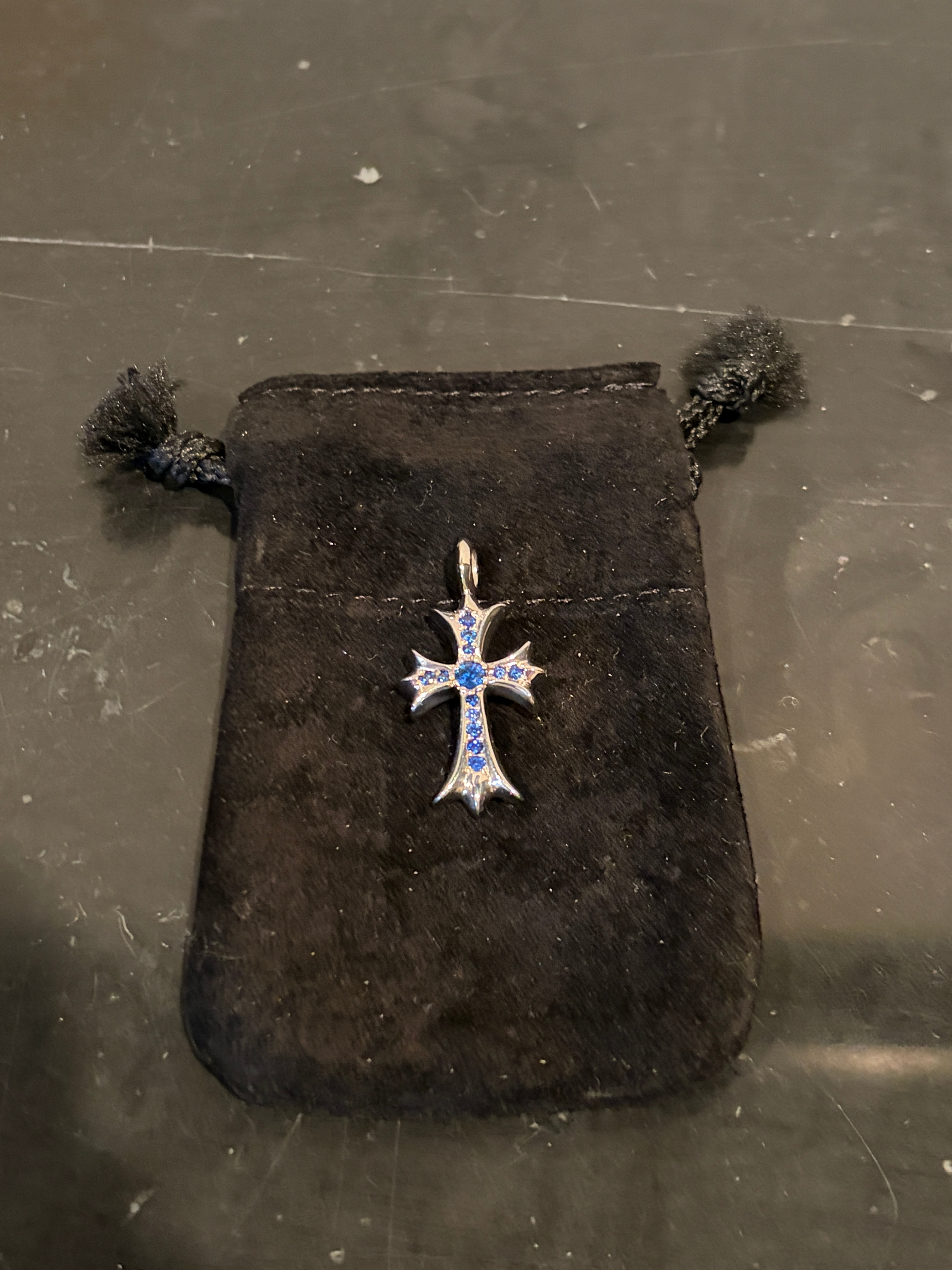 Chrome Hearts Tiny Fat Cross Pave Sapphire Pendant Top "Silver/Blue"