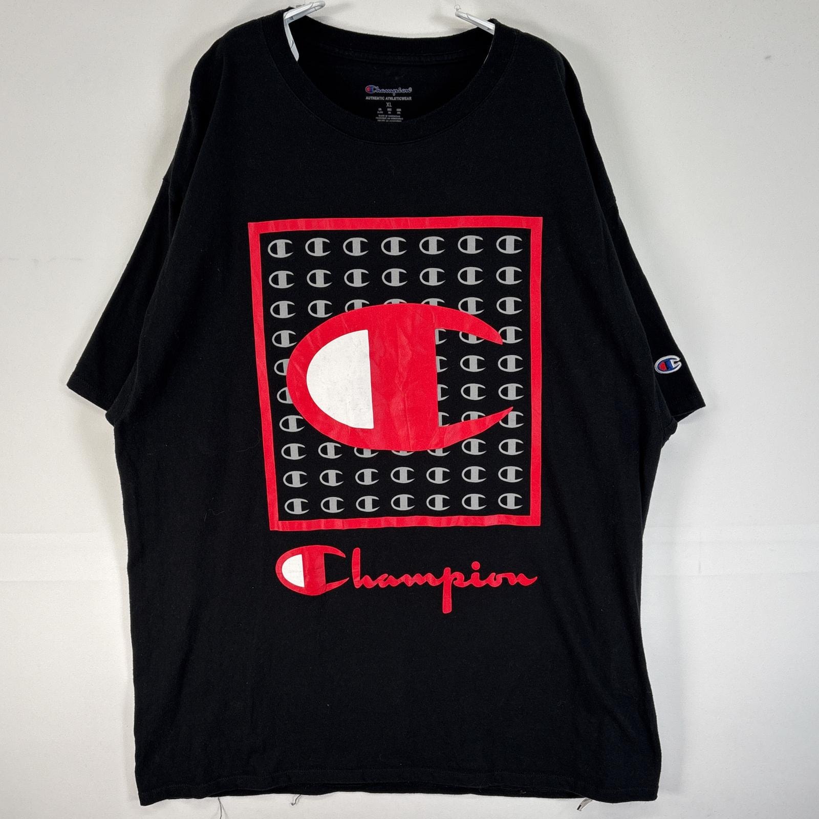古着 チャンピオン Champion 半袖Tシャツ 大判 プリント ロゴ 大きいサイズ 肉厚 クルーネック XL  ブラック メンズ