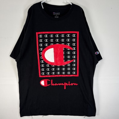古着 チャンピオン Champion 半袖Tシャツ 大判 プリント ロゴ 大きいサイズ 肉厚 クルーネック XL ブラック メンズ