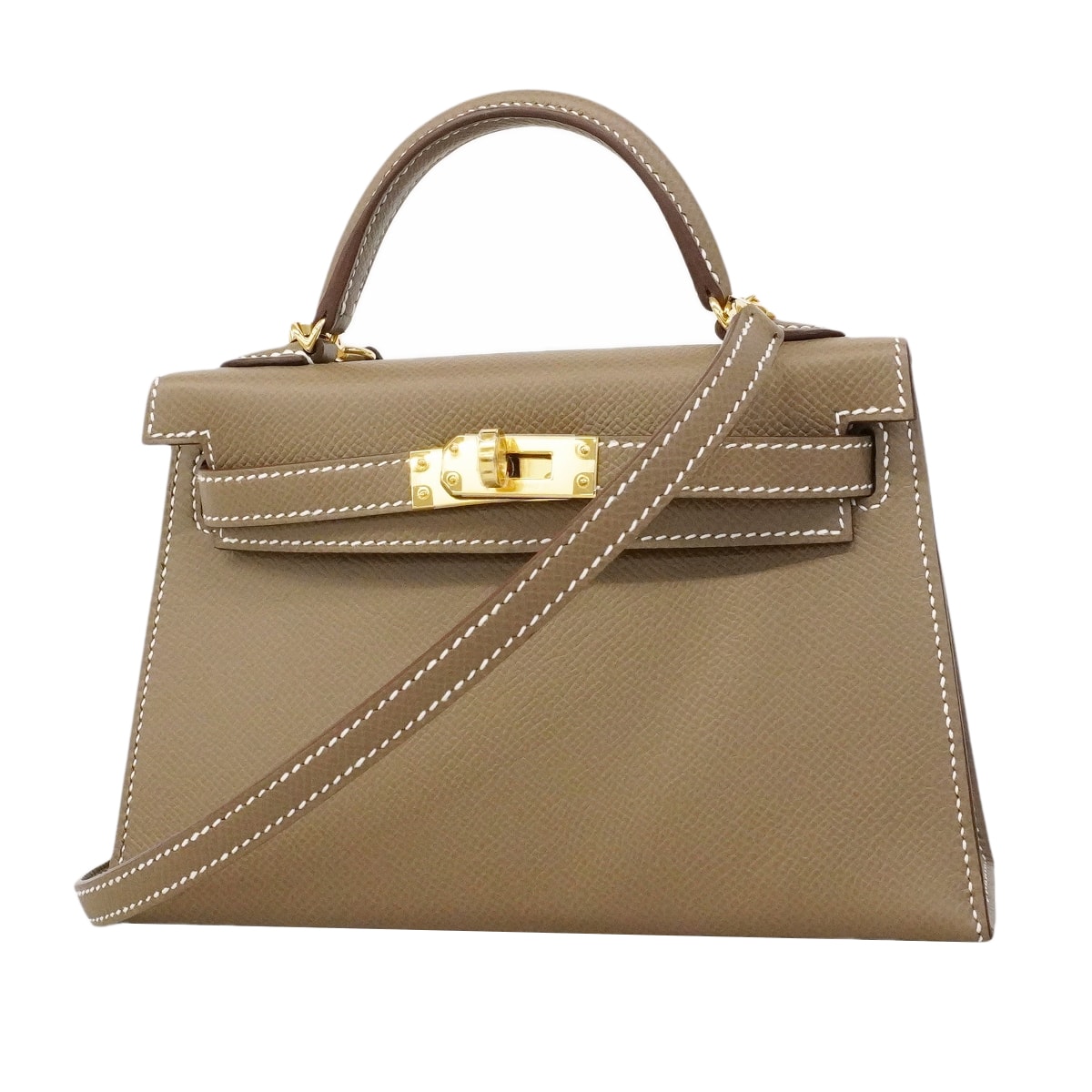 ★SALE【6gd3791-g】エルメス ハンドバッグ ミニケリー2 ヴォーエプソン エトゥープ ゴールド金具 G刻印【中古】レディース