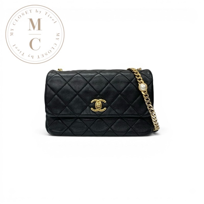 シャネル CHANEL バッグ ショルダーバッグ ラムスキン ブラック ゴールド マトラッセ ターンロック ココマーク パール シングルフラップ シングルチェーン