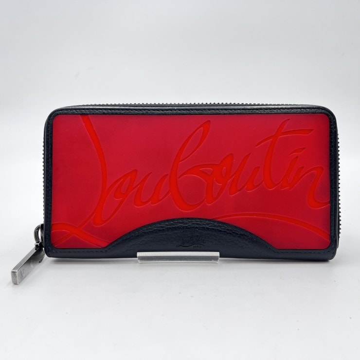 Christian Louboutin(クリスチャン・ルブタン)パネトーネ ウォレット ラウンドファスナー長財布 ロゴ型押し レッド ブラック レザー メンズ レディース【中古】