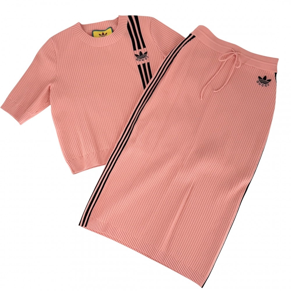 GUCCI グッチ セットアップ アディダスコラボ 半袖ニット ロングスカート adidas M 693809/697710 ピンク ブラック 黒 レーヨン ポリエステル ナイロン ポリウレタン レディース 春 夏 美品【中古品】