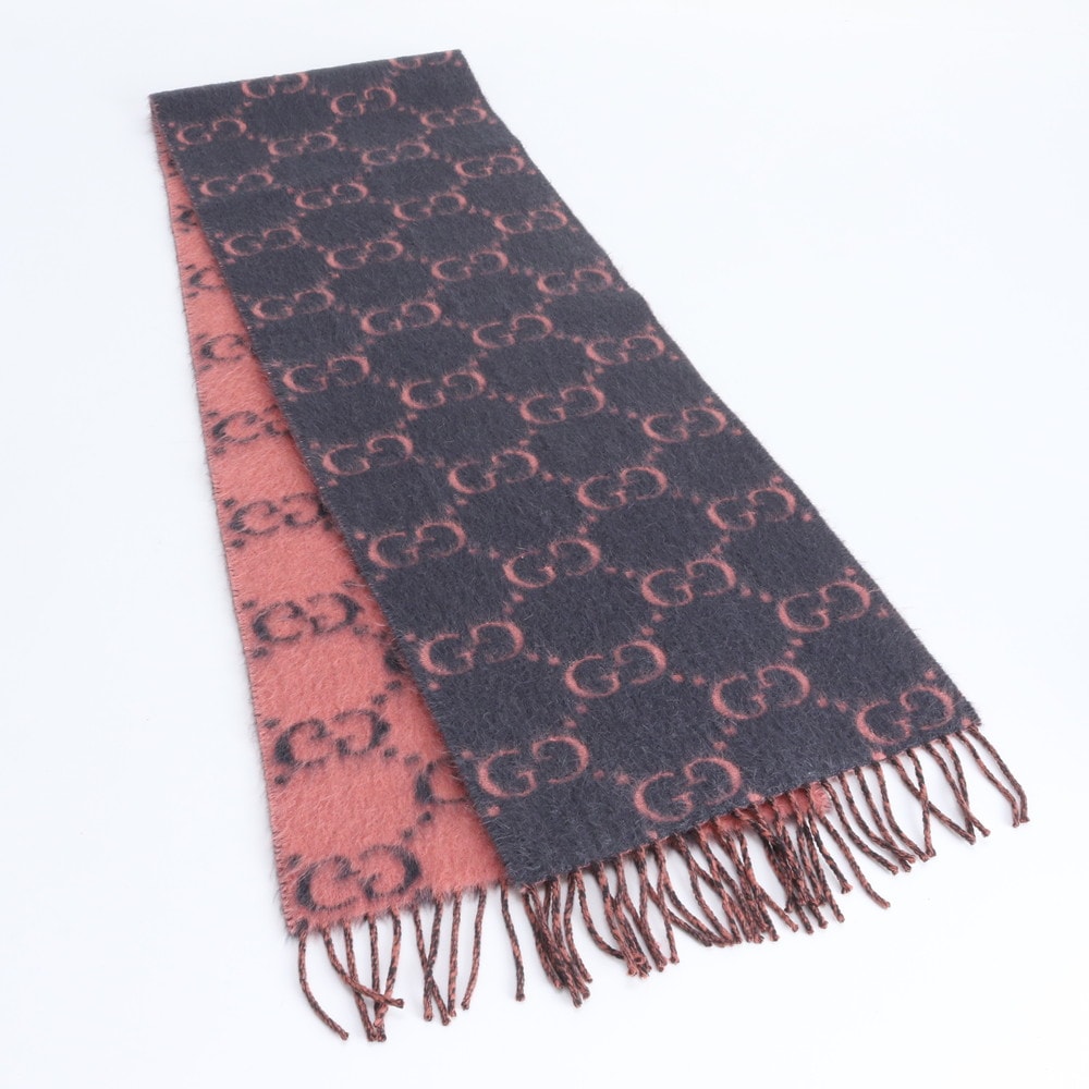 ■極美品 グッチ GG パターン フリンジ グレー ピンクマフラー