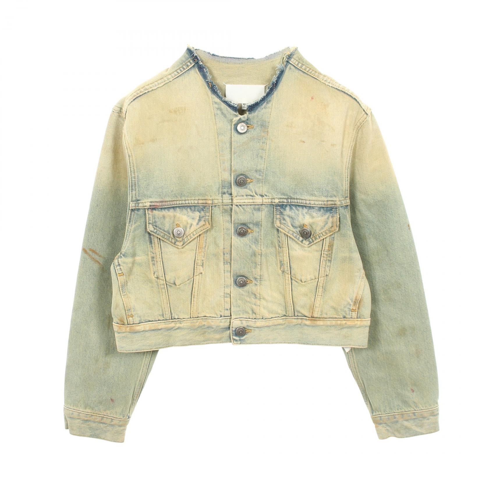 メゾン マルジェラ Maison Margiela ダメージ加工 カットオフ クロップド デニムジャケット 衣料品 アウター コットン レディース ブルー系 / イエロー系 【中古】
