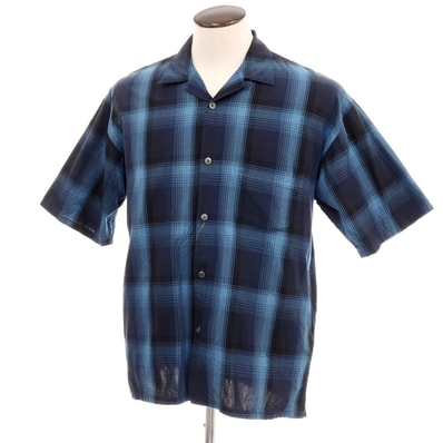【中古】ビームス BEAMS the A コットン チェック オープンカラー 半袖シャツ ネイビーxブルー【サイズL】【メンズ】