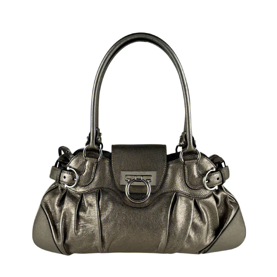 サルヴァトーレフェラガモ Salvatore Ferragamo ハンドバッグ ガンチーニ レザー メタリックカーキ レディース【中古】 z10525