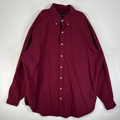 古着 ポロ・ラルフローレン POLO RALPH LAUREN 長袖シャツ ロゴ 刺繍 大きいサイズ ボタンダウン XL ワインレッド系 無地 メンズ