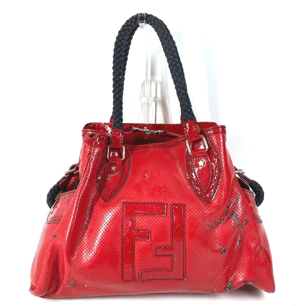 フェンディ FENDI FF ロゴ エトニコ パンチング カバン 肩掛け トートバッグ ショルダーバッグ エナメル レッド