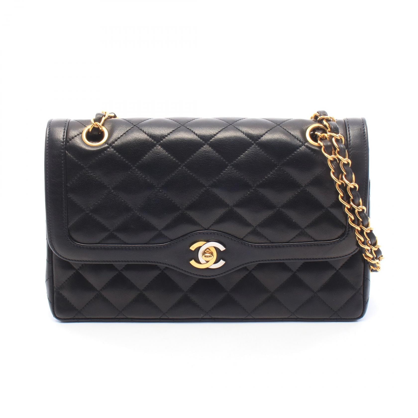 シャネル CHANEL マトラッセ パリ限定 Wフラップ ショルダーバッグ バッグ ラムスキン(羊革) レディース ブラック系 【中古】