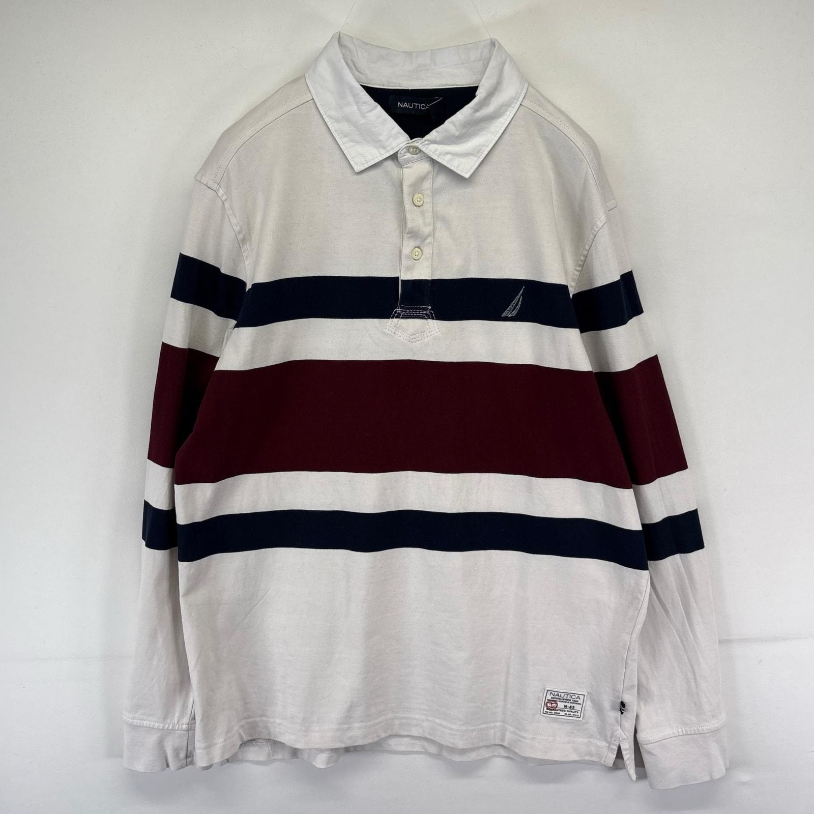 古着 ノーティカ NAUTICA 長袖 ポロシャツ マルチカラー ワンポイントロゴ刺繍 プルオーバー L  ネイビー系 ボーダー メンズ