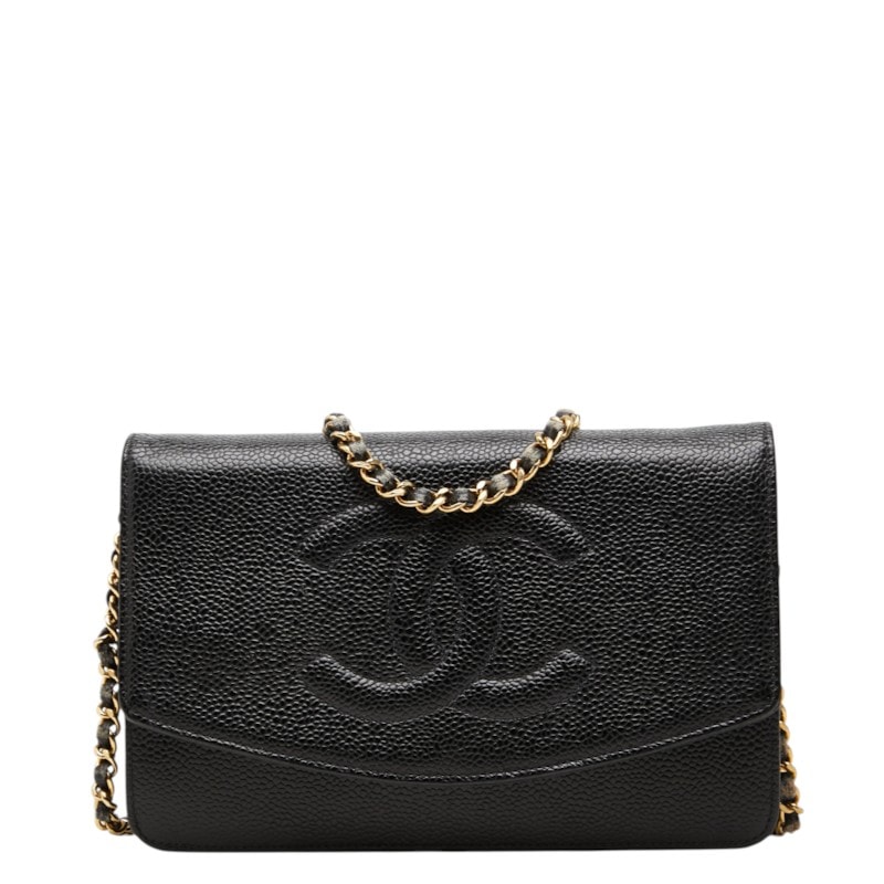 シャネル ココマーク 斜め掛け チェーンウォレット ショルダーバッグ ブラック キャビアスキン レディース CHANEL 中古