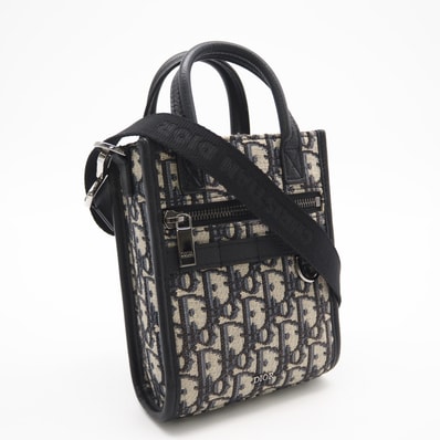 美品 Dior ディオール オブリーク サファリ ノースサウス ミニトート 2ESWS017YKY_H27E 2wayショルダーバッグ ネイビー ベージュ キャンバス レザー メンズ