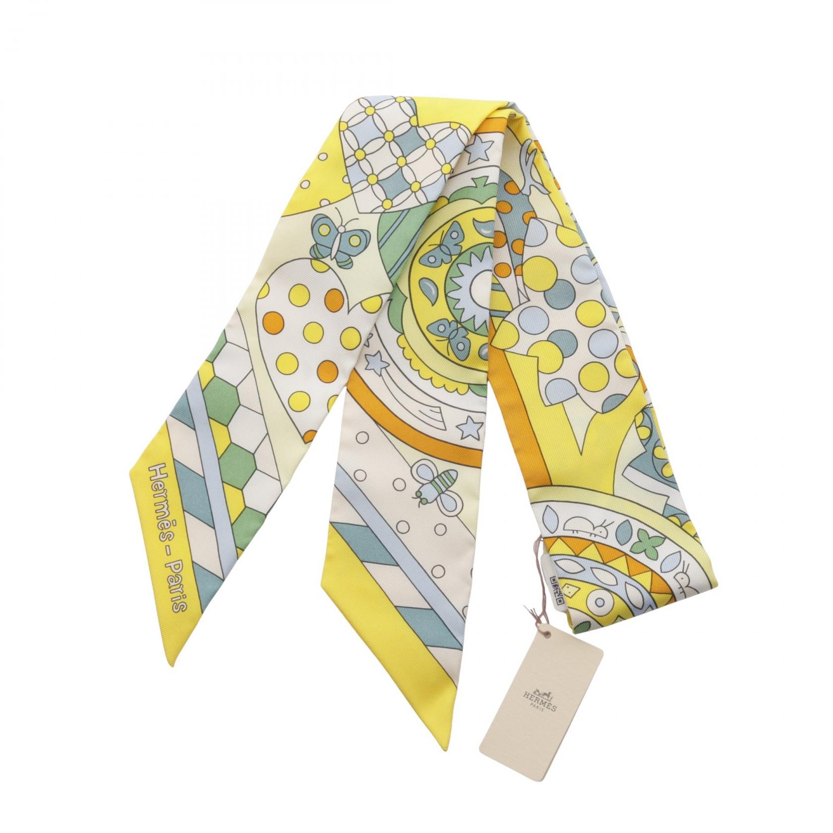 エルメス HERMES ツイリー Les Murmures de la Foret リボン スカーフ 衣料品 シルク シルク レディース イエロー系 / マルチカラー 【中古】