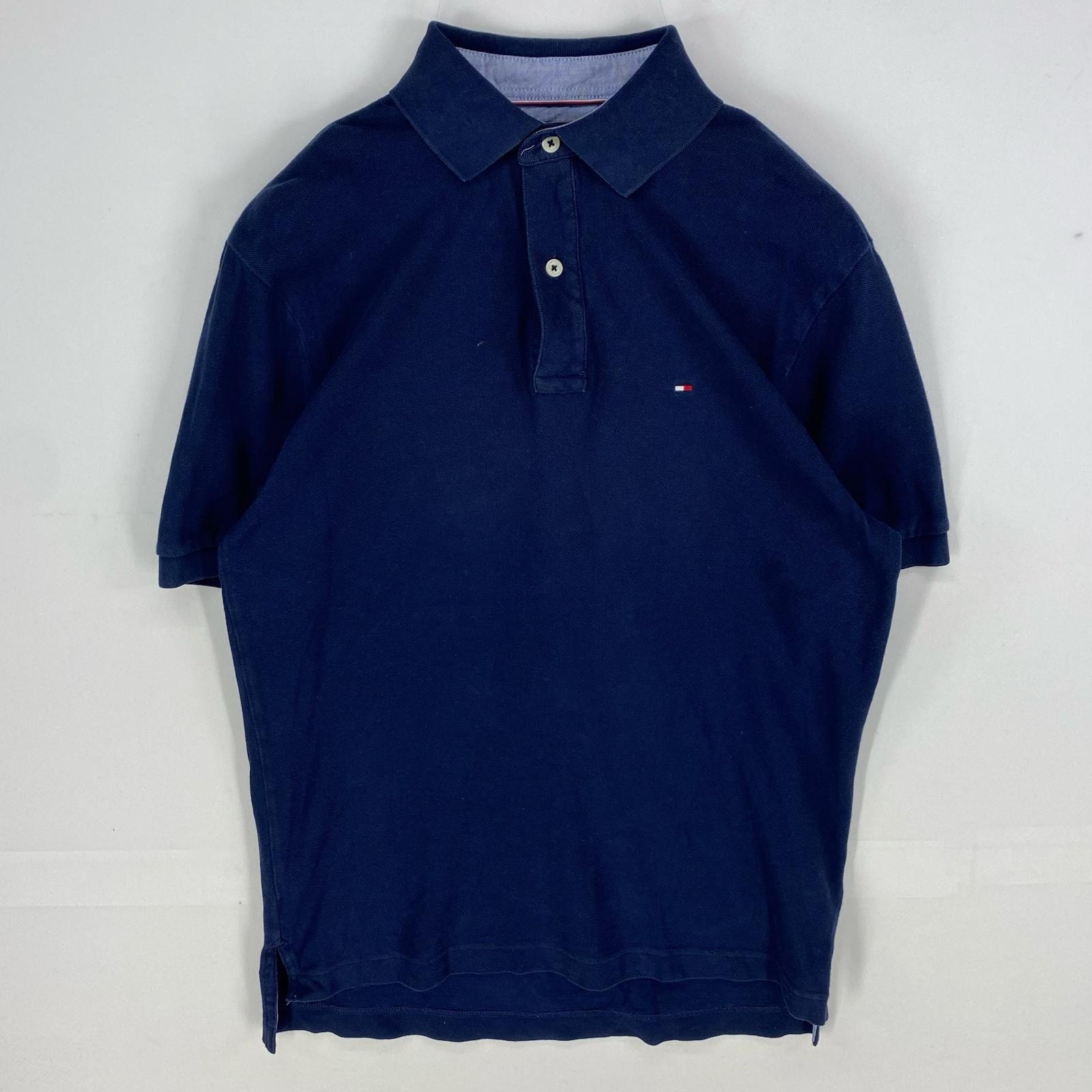 古着 トミーヒルフィガー TOMMY HILFIGER 鹿の子 半袖シャツ ワンポイント ポロシャツ ショートスリーブ S  ネイビー系 メンズ