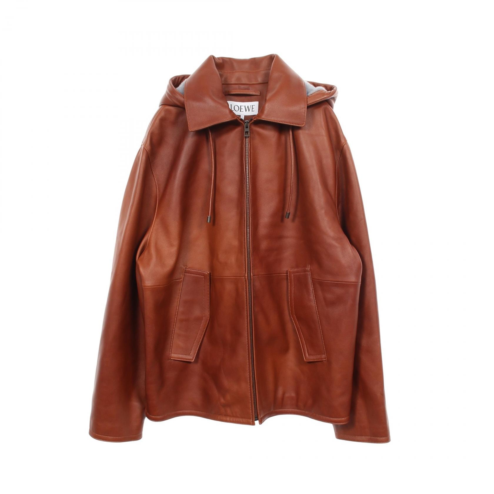 ロエベ LOEWE フーデッドジャケット 革ジャン 衣料品 アウター ラムレザー メンズ ブラウン系 【中古】