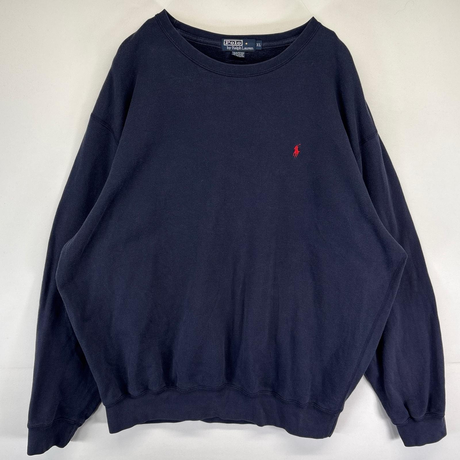 古着 ポロバイラルフローレン Polo by Ralph Lauren スウェット トレーナー クルーネック ワンポイントロゴ刺繍 大きいサイズ XL  ネイビー メンズ