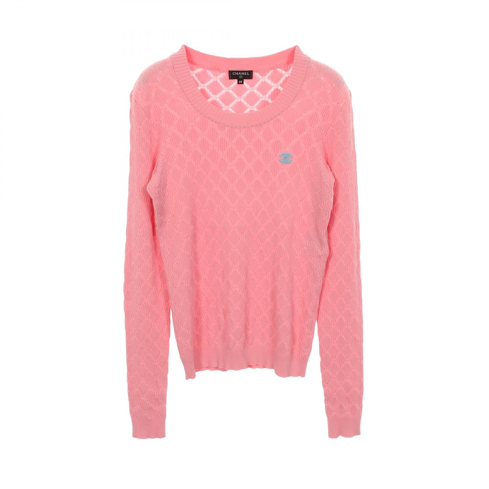 샤넬 CHANEL 코코 마크 체크 리브 니트 의류 탑 코튼 여성 핑크 [중고]