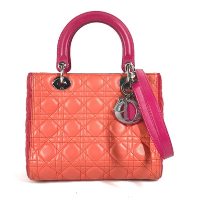 ディオール Dior レディディオール Ladydior トリコロールカラー トートバッグ カバン ショルダーバッグ 2WAYバッグ ハンドバッグ ラムスキン ピンク