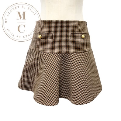 セリーヌ CELINE ボトムス ブラウン系 ゴールド 千鳥格子 ミニスカート フリルスカート