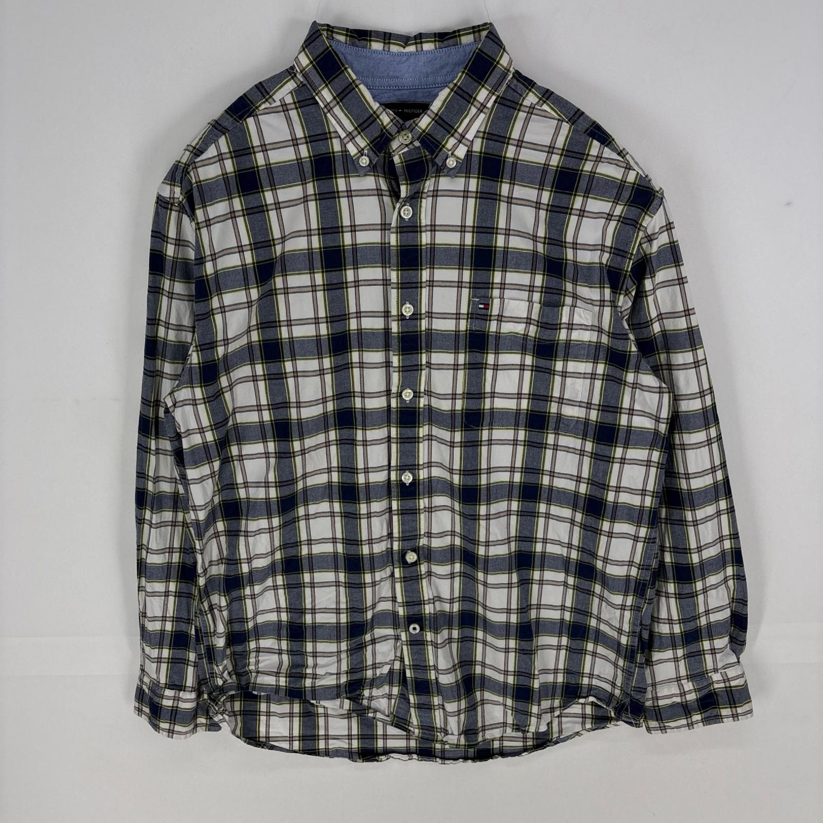 古着 トミーヒルフィガー TOMMY HILFIGER 長袖シャツ ボタンダウン ワンポイント 胸ポケット L  ホワイト系 チェック メンズ