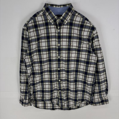 古着 トミーヒルフィガー TOMMY HILFIGER 長袖シャツ ボタンダウン ワンポイント 胸ポケット L ホワイト系 チェック メンズ