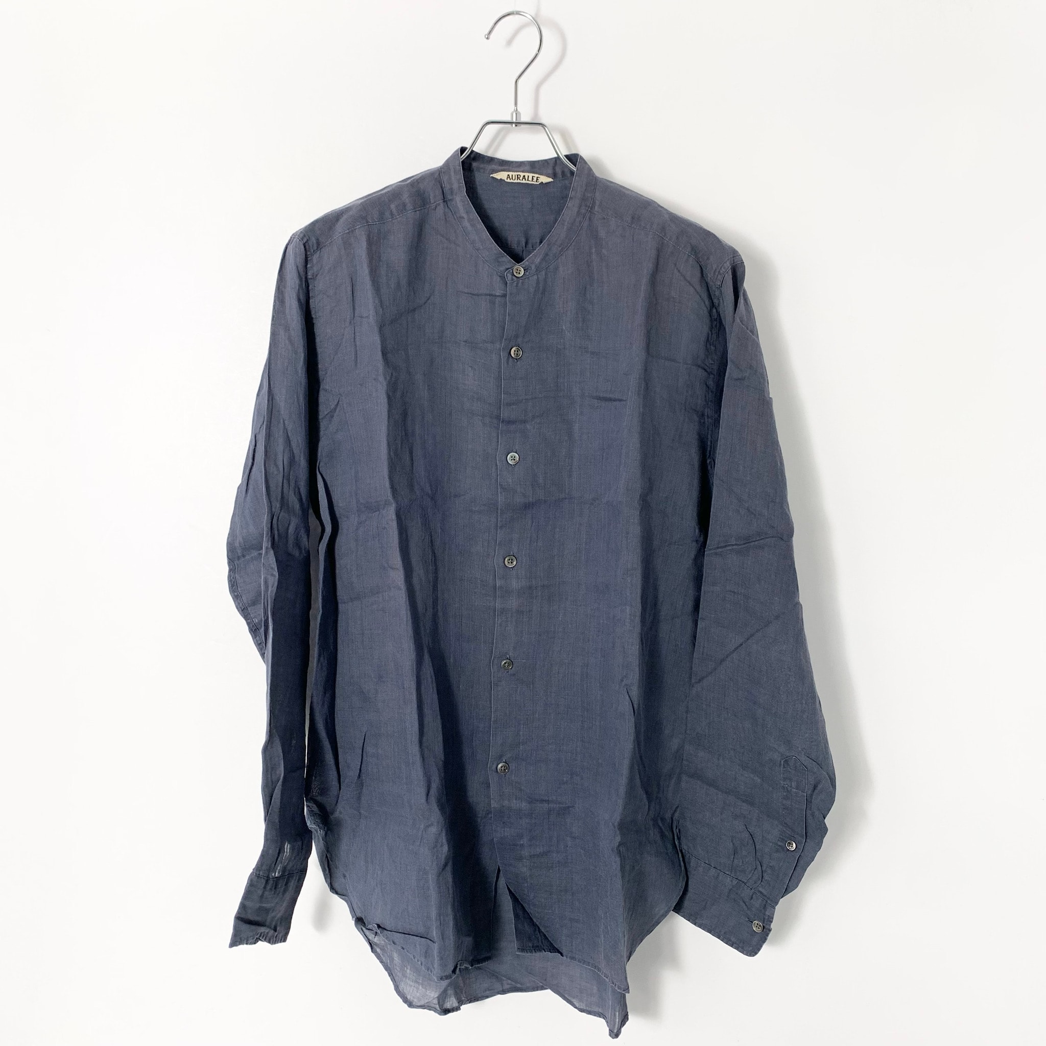 AURALEE High Count Ramie Band Collar Shirt "Navy"