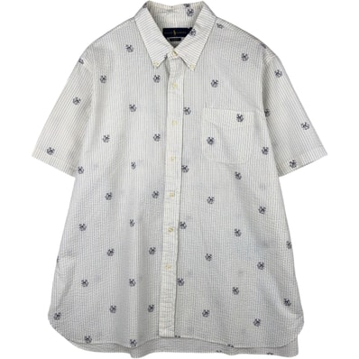 古着 ラルフローレン Ralph Lauren CLASSIC FIT クラシックフィット ストライプ柄 総柄 犬柄 シアサッカー 半袖 ボタンダウン ストライプシャツ メンズXXL相当/eaa623566