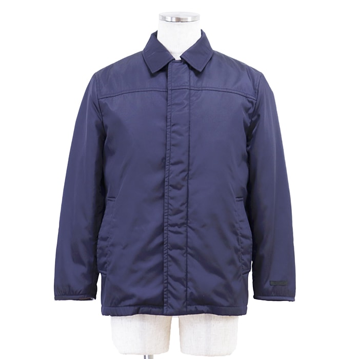 【美品】PRADA プラダ ジャケット サイズ 46 メンズ ステンカラー 比翼 ジップアップ ライナー 取り外し可能 ロングシーズン ナイロン100% パデッド ブルゾン アウター ネイビー 紺 イタリア製