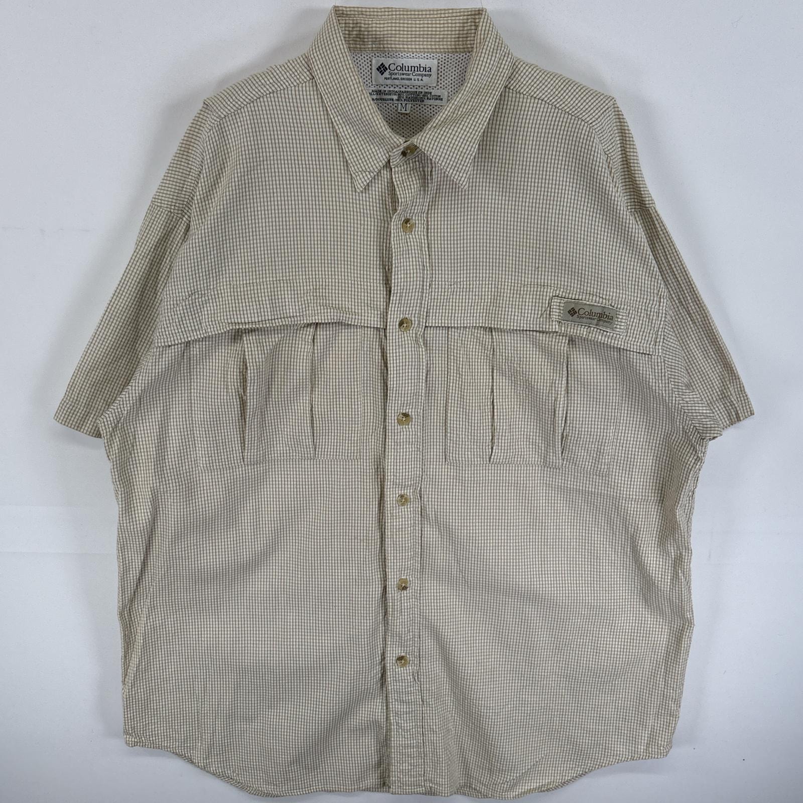 古着 コロンビア Columbia 半袖シャツ ワンポイント ロゴ 裏地メッシュ 胸ポケ M  ベージュ系 チェック メンズ