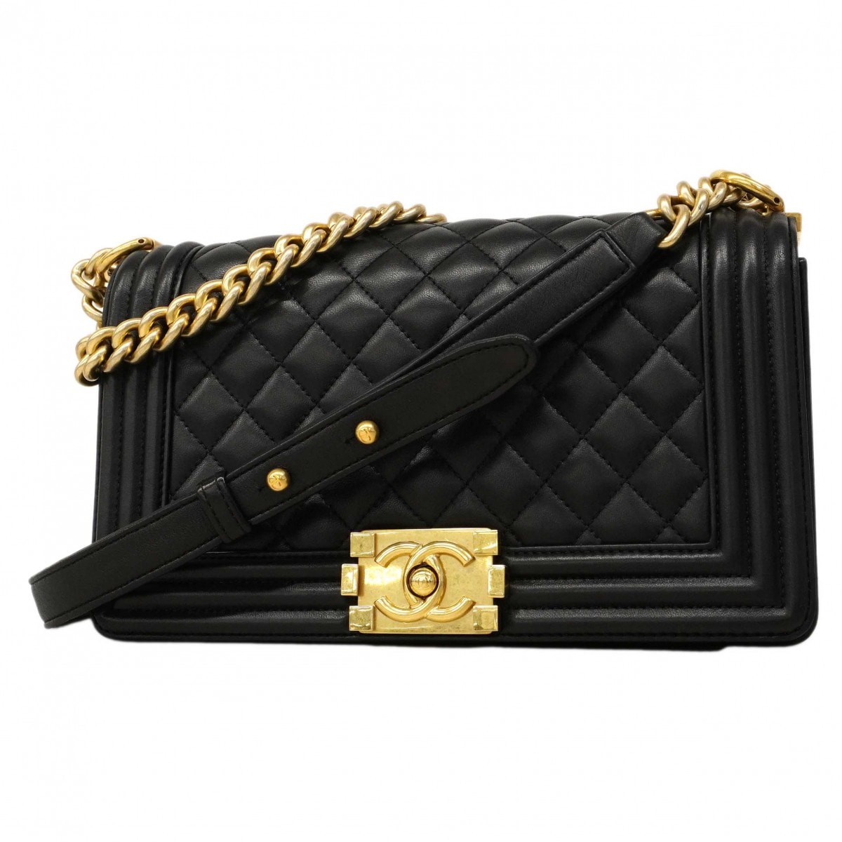 ★SALE【6db1574】シャネル ショルダーバッグ ボーイシャネル チェーンショルダー ラムスキン ブラック ゴールド金具【中古】レディース