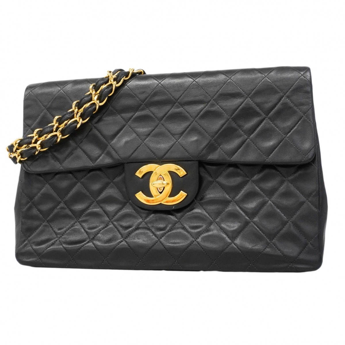 【6dd4696-h】シャネル ショルダーバッグ デカマトラッセ Wチェーン ラムスキン ブラック ゴールド金具【中古】レディース