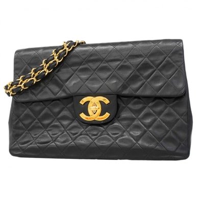 【6dd4696-h】シャネル ショルダーバッグ デカマトラッセ Wチェーン ラムスキン ブラック ゴールド金具【中古】レディース