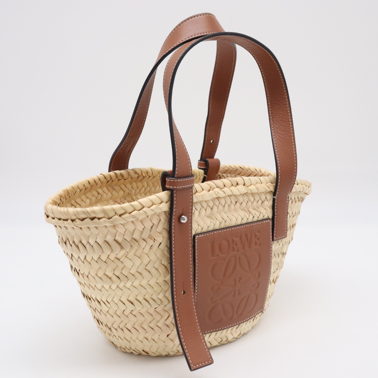 美品 LOEWE ロエベ ヤシの葉&カーフ バスケットバッグ スモール ナチュラル タン 327.02.S93 ハンドバッグ ベージュ ブラウン カーフレザー レディース