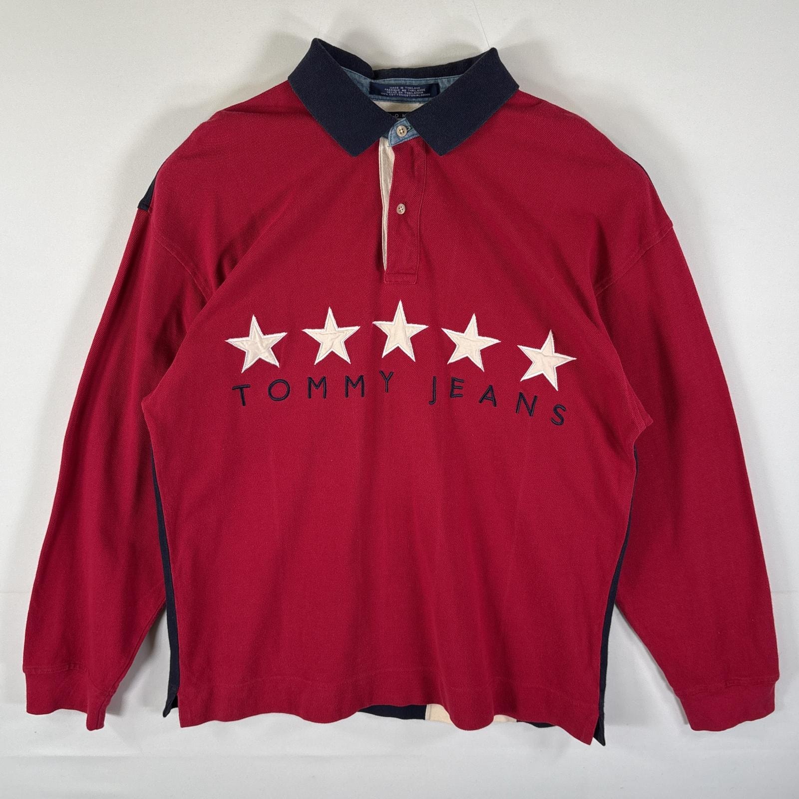 古着 トミーヒルフィガー TOMMY HILFIGER 長袖 ラガーシャツ ポロシャツ ビッグロゴ刺繍 鹿の子 大きいサイズ XL  レッド メンズ