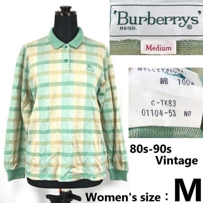 80s-90s/三陽商会/Vintage★BURBERRY’S★長袖ポロシャツ【レディースM/緑/グリーン/チェック柄】日本正規代理店タグ/tops/shirts◆cBG636