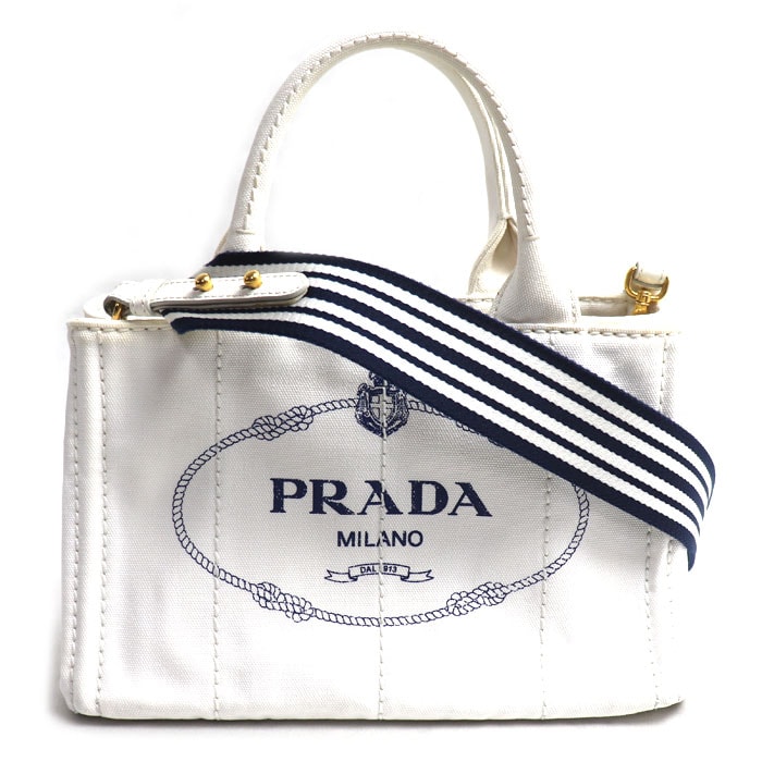 PRADA プラダ カナパトート 2Wayショルダーバッグ ホワイト ネイビー 1BG439 ZKI F0UB0 レディース【中古】