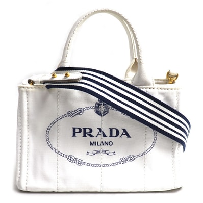 PRADA プラダ カナパトート 2Wayショルダーバッグ ホワイト ネイビー 1BG439 ZKI F0UB0 レディース【中古】