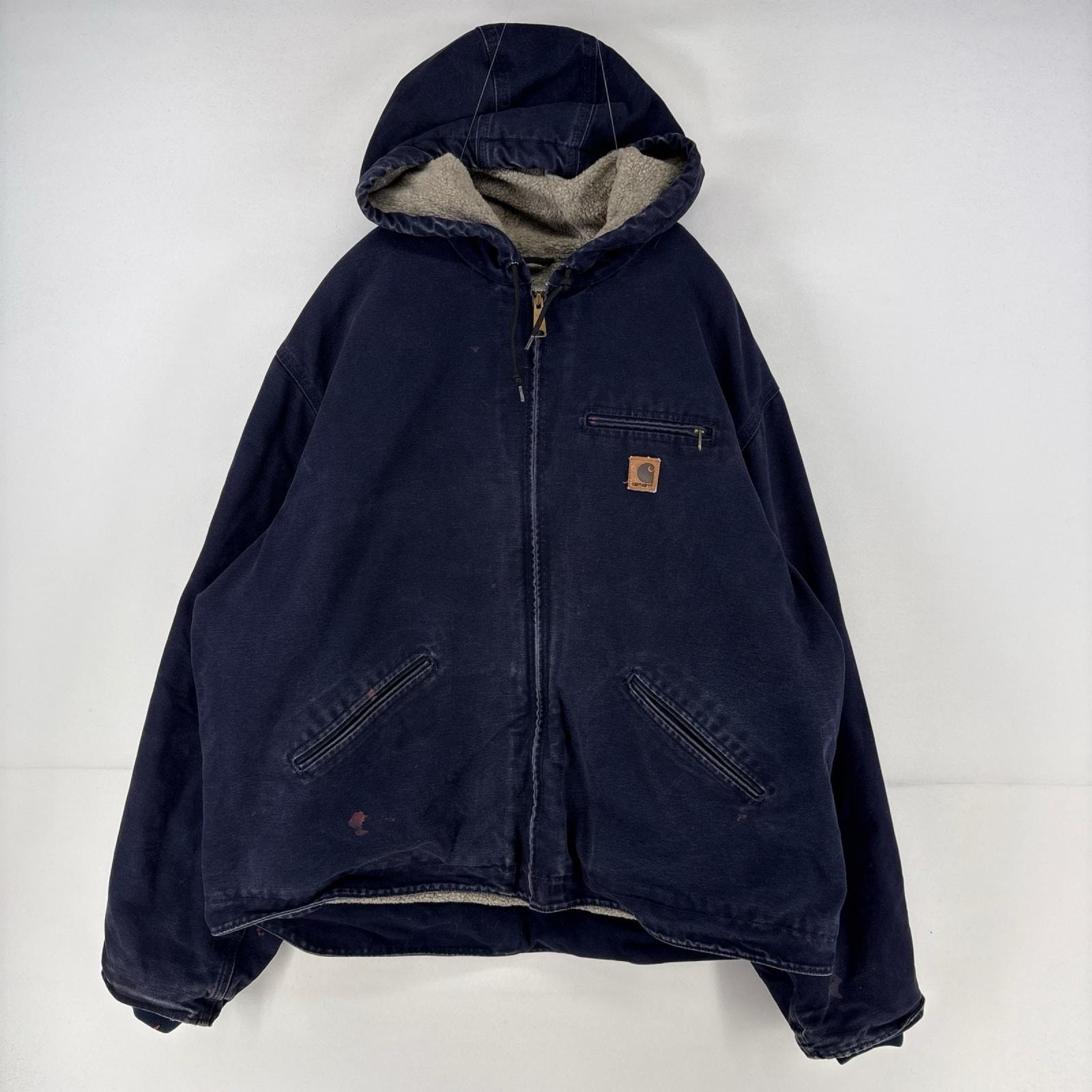 古着 カーハート Carhartt ダック ジャケット フルジップ シエラジャケット 裏ボア デトロイト パーカー 2XL  ダークネイビー メンズ