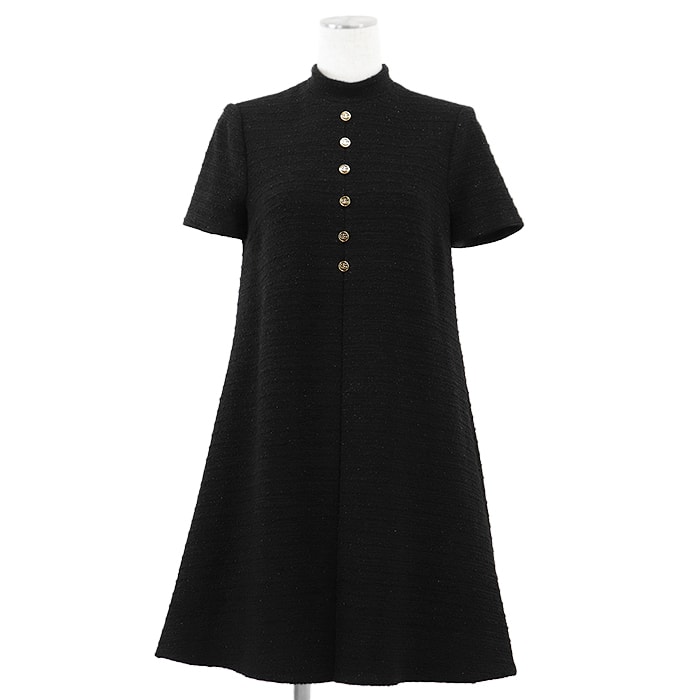 GUCCI グッチ ツイードラメワンピース グリッター コンビネーション シグネチャー GG インターロッキング メタルゴールドボタン スタンドカラー ショートスリーブ 半袖 Aライン ドレス レディース サイズ 36 ブラック 黒 イタリア製