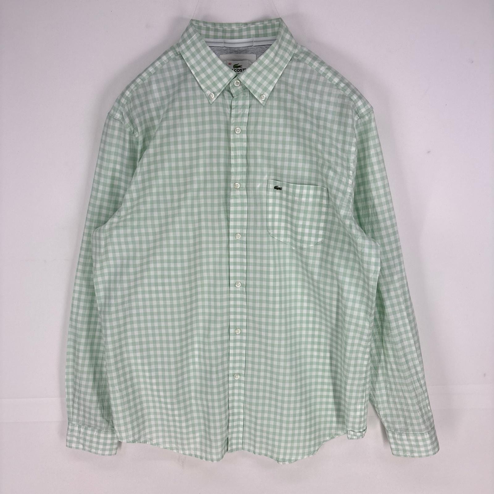 古着 ラコステ LACOSTE 長袖シャツ 胸ポケット ワンポイント ボタンダウン ロングスリーブ L  グリーン系 チェック メンズ