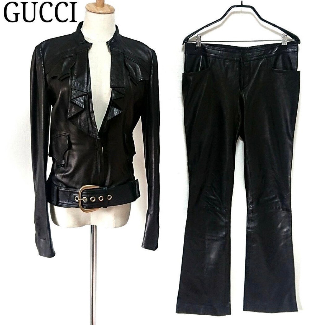 美品 GUCCI 本革セットアップ ライダース パンツ シルク混 黒 42