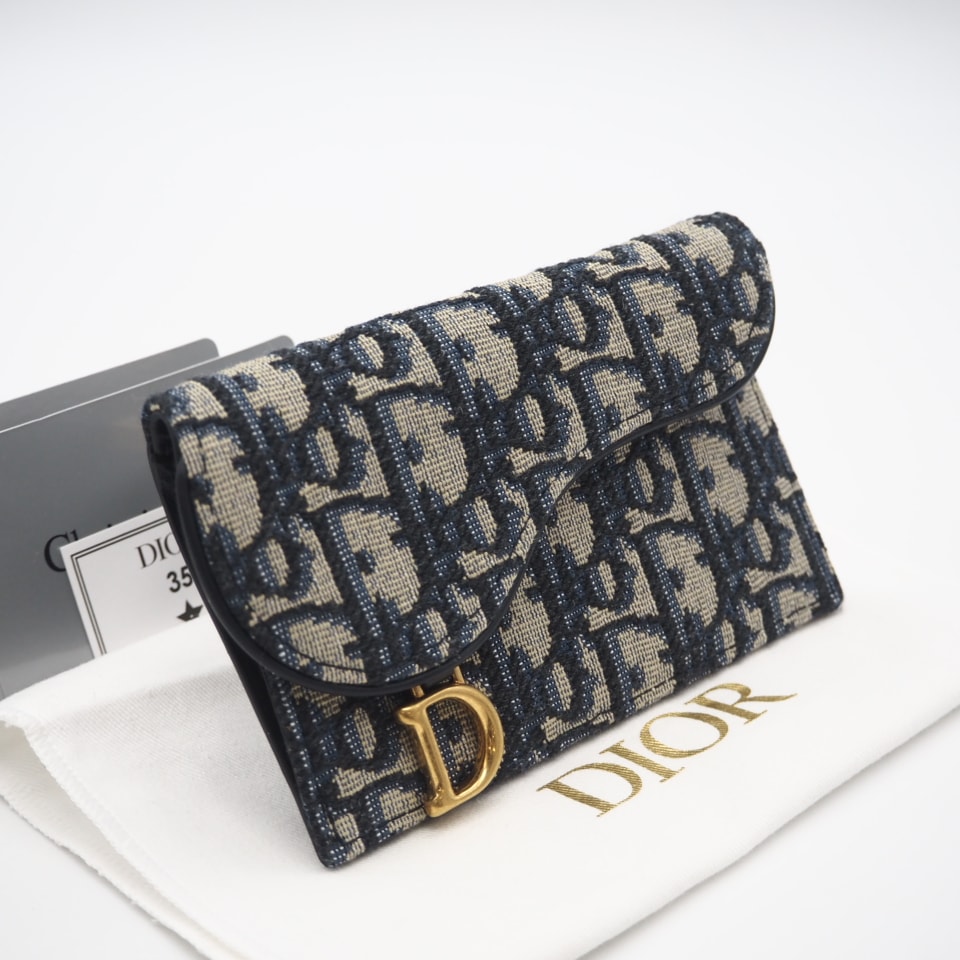 極美品 Christian Dior クリスチャンディオール ディオール オブリーク ジャカード Saddle Cosmos ジップ カードホルダー S5692CTZQ コインケース ネイビー ベージュ キャンバス レザー レディース