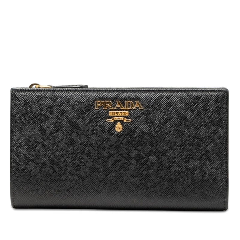 プラダ 二つ折り財布 1ML009 ブラック ピンク サフィアーノレザー レディース PRADA 【中古】