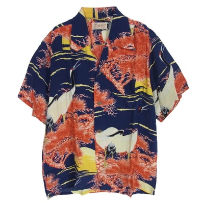 SUN SURF サンサーフ 半袖シャツ SS32945 SPECIAL EDITION スペシャルエディション CRANES WORD OF COMMAND MALIHINI 鶴 松 プリント レーヨン アロハシャツ ネイビー系 M【中古】